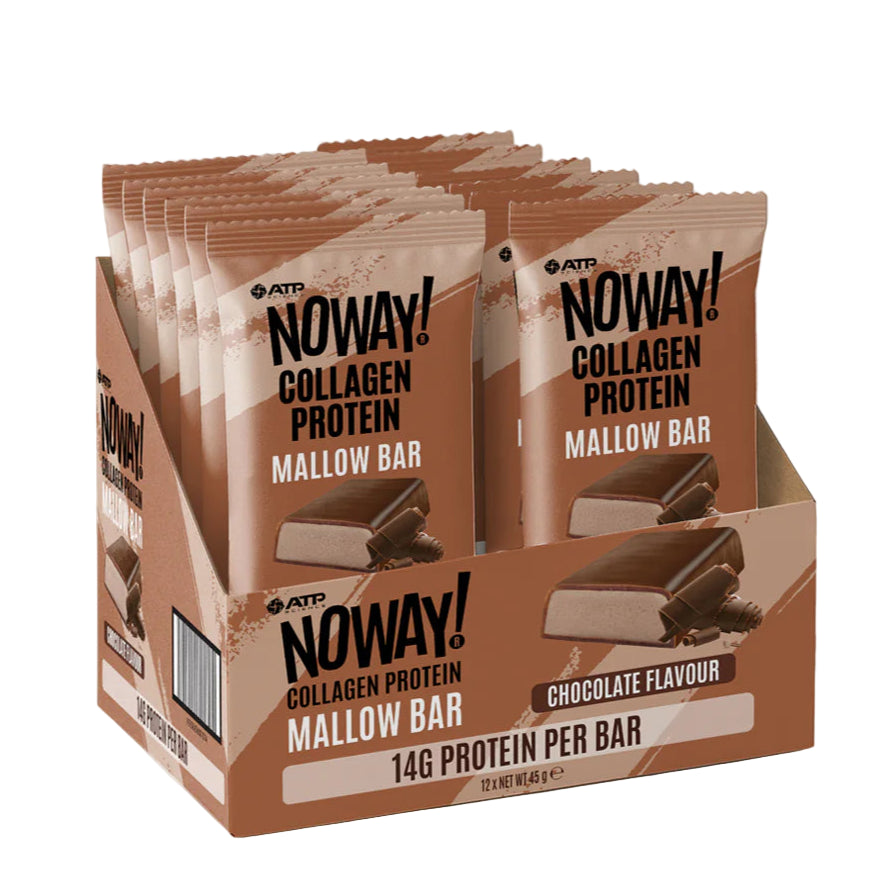 Display of NOWAY! Collagen Protein Mallow Bars in a box on a white background