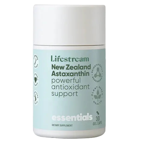 Lifestream New Zealand Astaxanthin supplement container on a light gray background