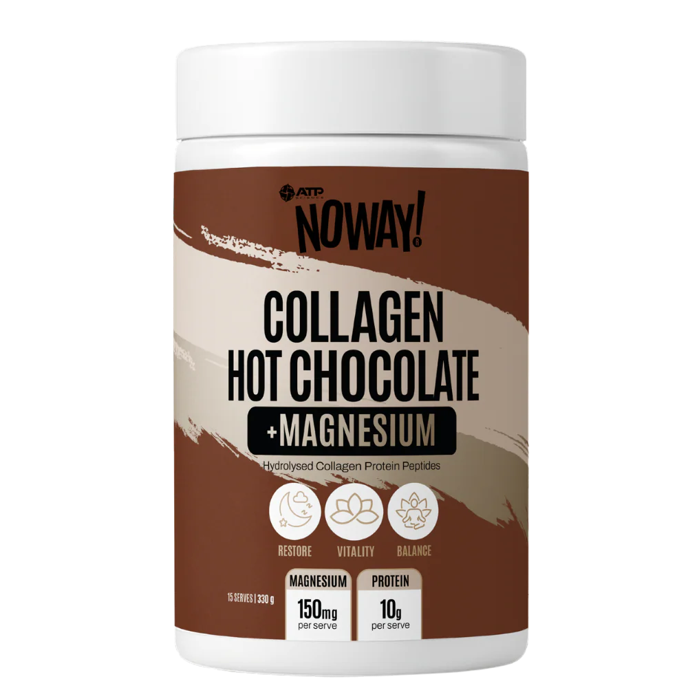 Collagen hot chocolate with magnesium supplement container on a white background
