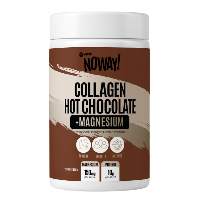Collagen hot chocolate with magnesium supplement container on a white background