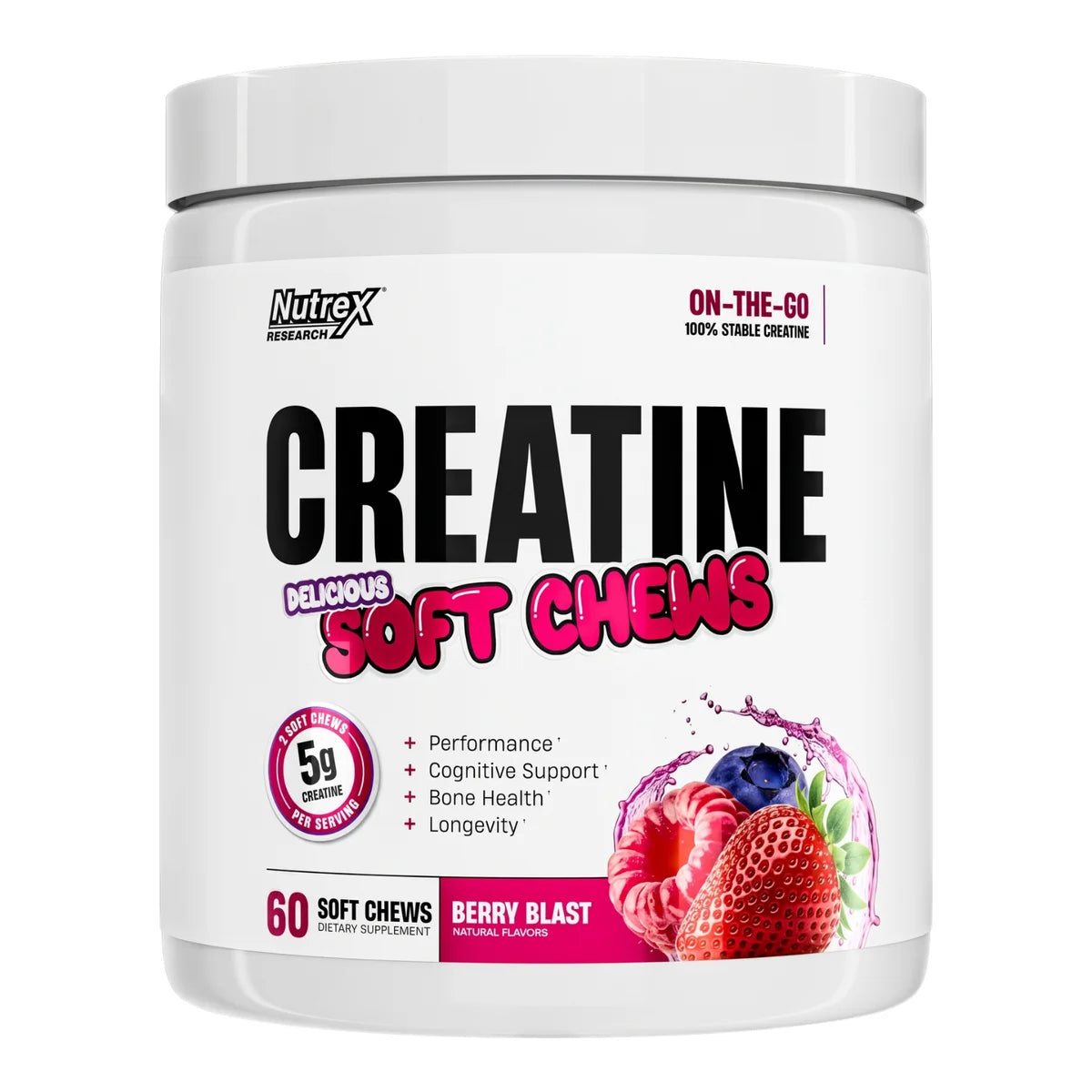 A white plastic tub of Nutrex Creatine Soft Chews in Berry Blast flavor, featuring a clean white background and a label with black and pink text, fruit illustrations, and a 5g protein badge.