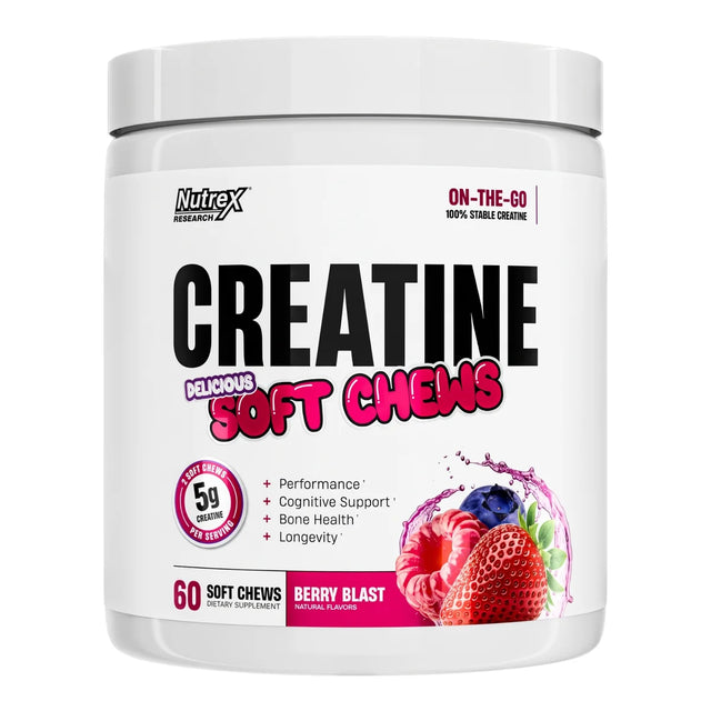 A white plastic tub of Nutrex Creatine Soft Chews in Berry Blast flavor, featuring a clean white background and a label with black and pink text, fruit illustrations, and a 5g protein badge.