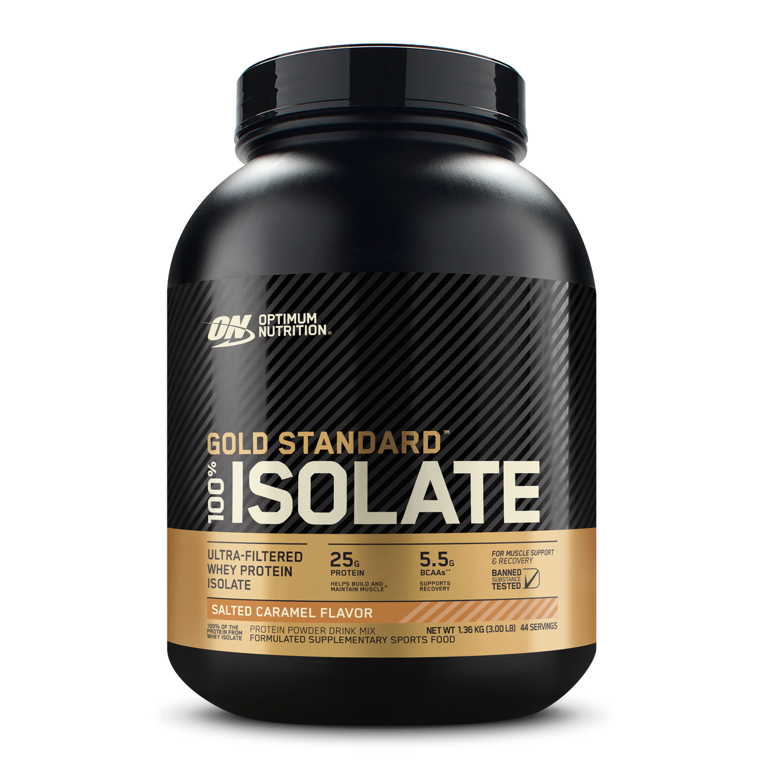 Optimum Nutrition Gold Standard 100% Isolate protein powder container on a white background