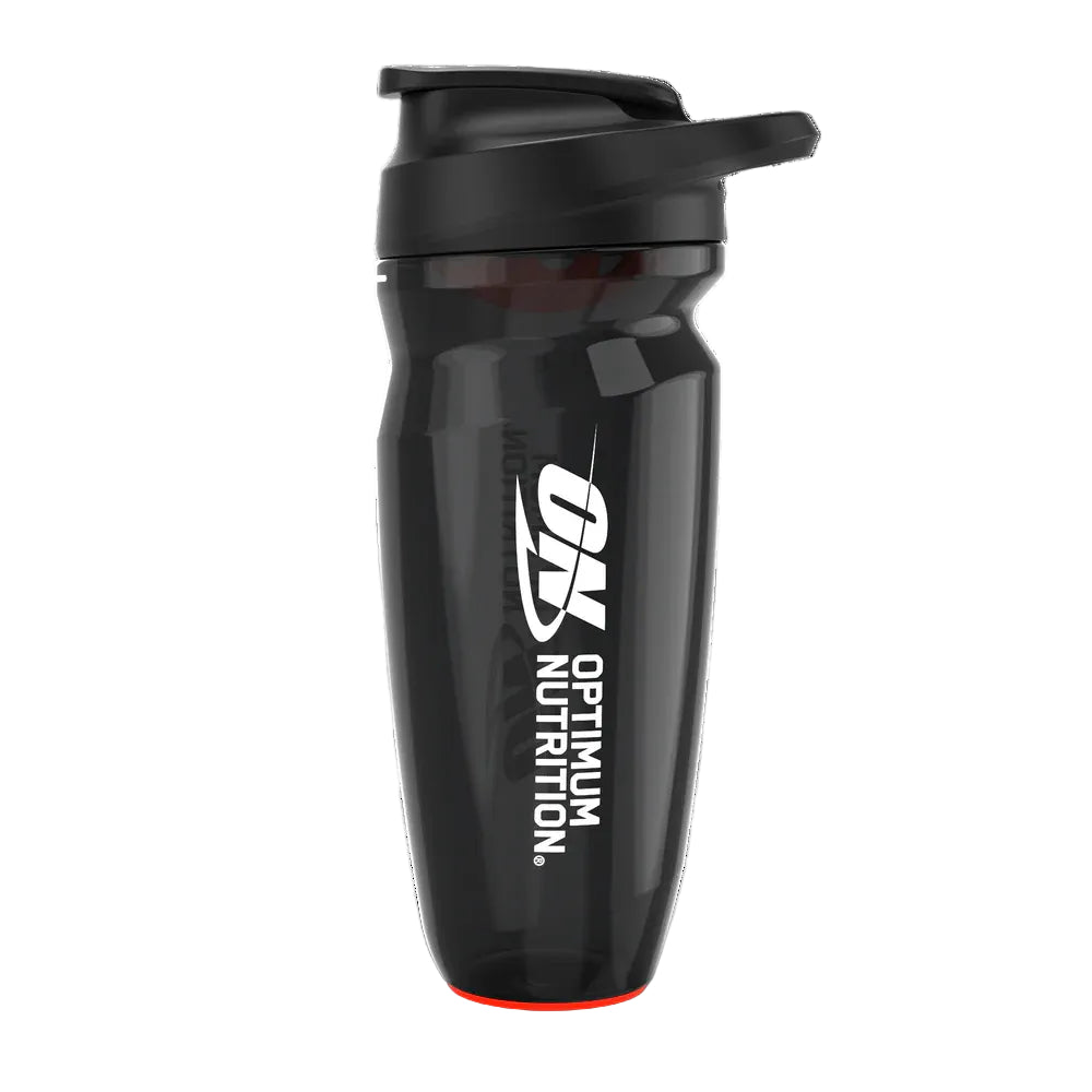 Black shaker bottle with Optimum Nutrition logo on a white background