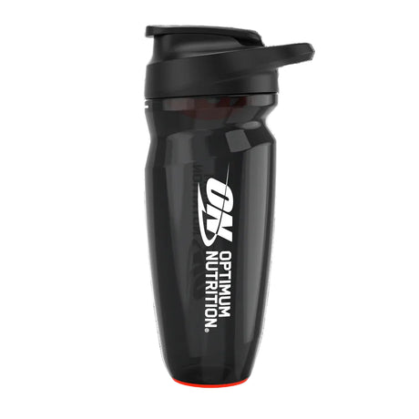 Black shaker bottle with Optimum Nutrition logo on a white background