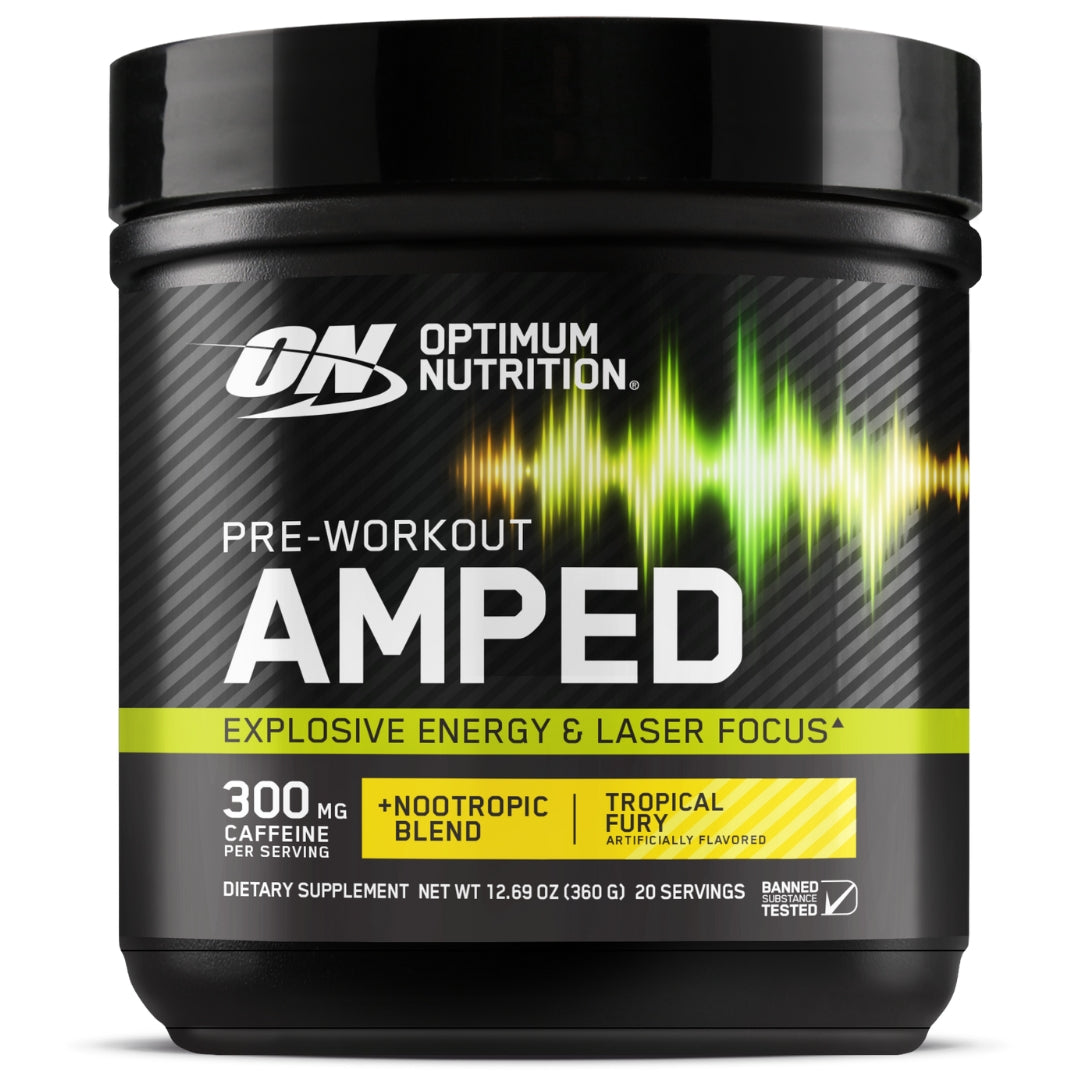 Optimum Nutrition Amped pre-workout supplement container on a white background