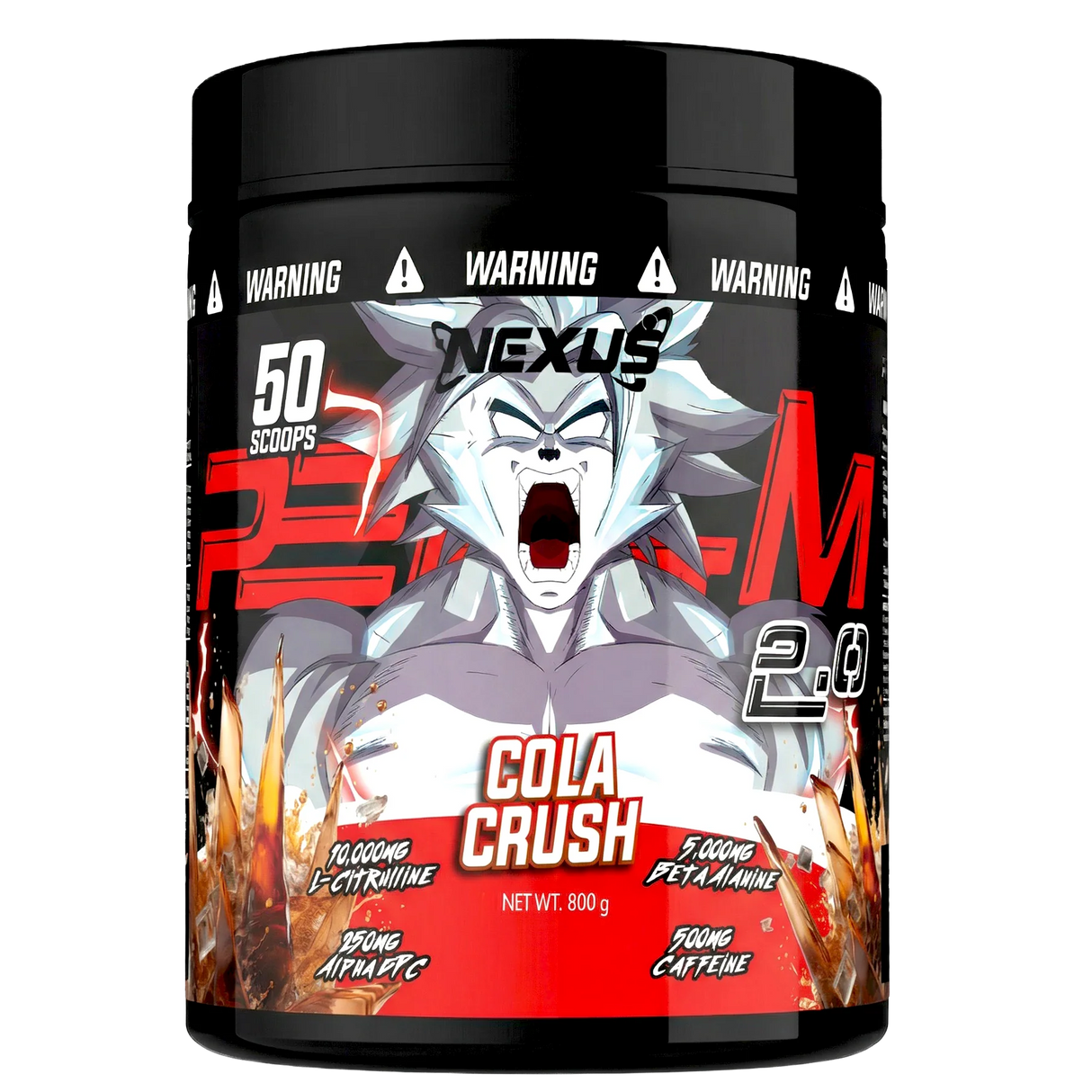 Supplement container with a character design on the label, featuring the brand 'Nexus'.