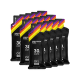 Multiple packages of Precision Fuel gel with colorful stripes on a white background