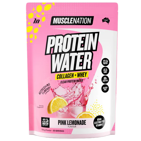 Pink protein water package with lemon slices on a white background