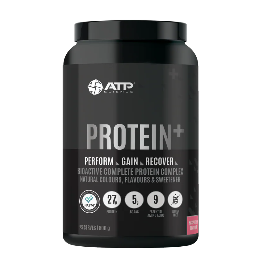 Black protein supplement container with ATP Science branding on a white background