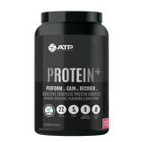 Black protein supplement container with ATP Science branding on a white background
