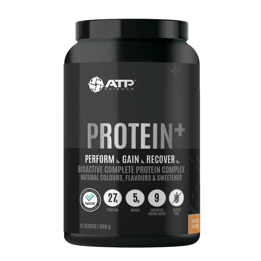 Black protein supplement container with ATP Science branding on a white background