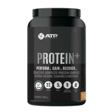 Black protein supplement container with ATP Science branding on a white background