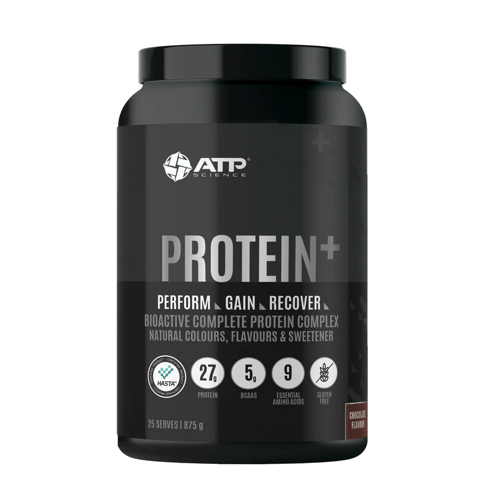 Black protein supplement container with ATP Science branding on a white background