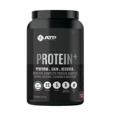 Black protein supplement container with ATP Science branding on a white background