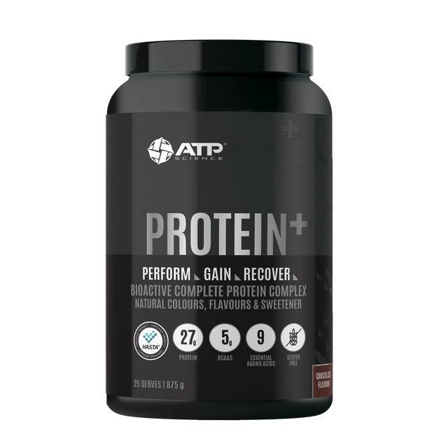 Black protein supplement container with ATP Science branding on a white background