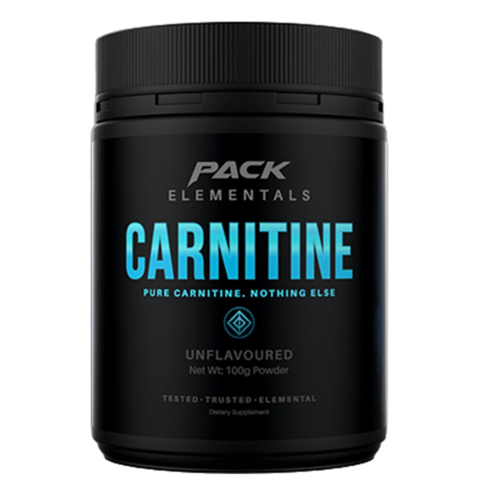 Black supplement container labeled 'Pack Elementals Carnitine' on a white background