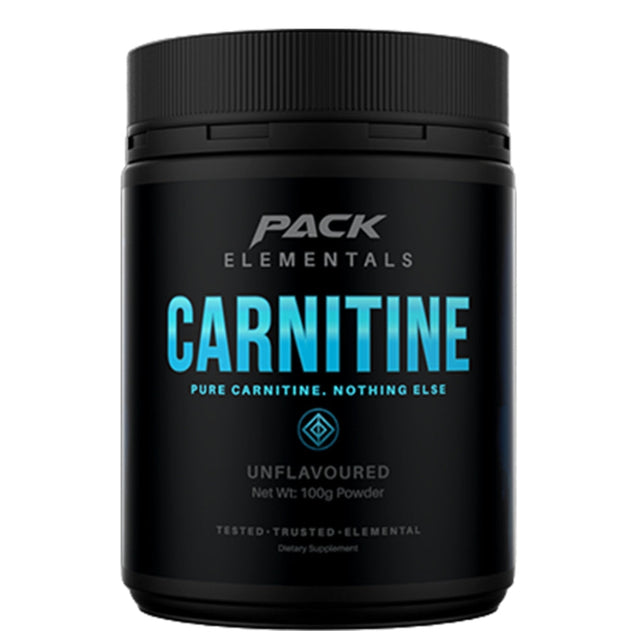 Black supplement container labeled 'Pack Elementals Carnitine' on a white background