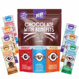 Peak chocolate bars with various flavors on a white background