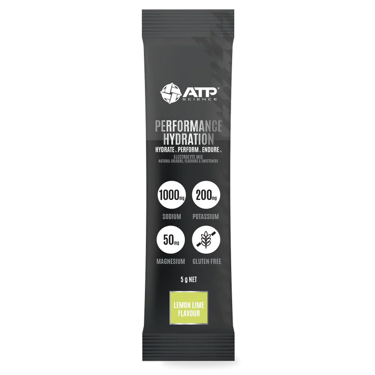 A single ATP Nutrition Performance Hydration sachet in lemon lime flavor, shown vertically against a plain white background.