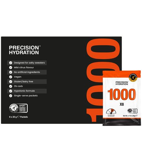 Precision Hydration 1000 single-serve packets on a white background