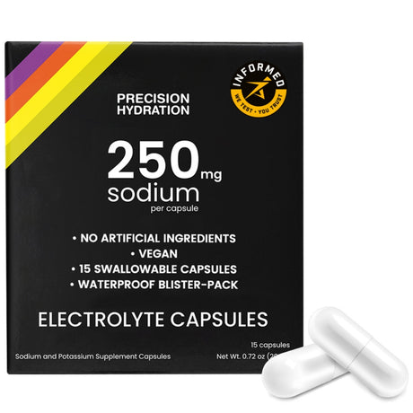 Box of Precision Hydration electrolyte capsules with two capsules in front