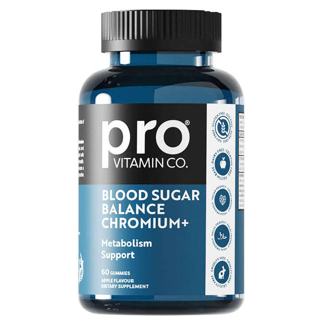 Supplement bottle labeled 'pro vitamin co.' for blood sugar balance and chromium on a white background