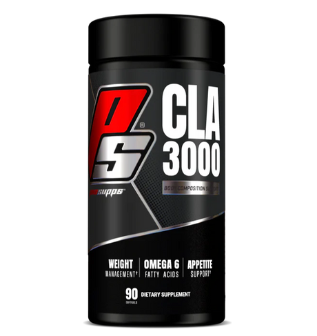 Supplement container labeled 'CLA 3000' with a black and red design on a white background