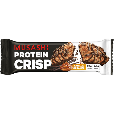 Musashi Protein Crisp bar packaging with vanilla caramel flavor on a white background
