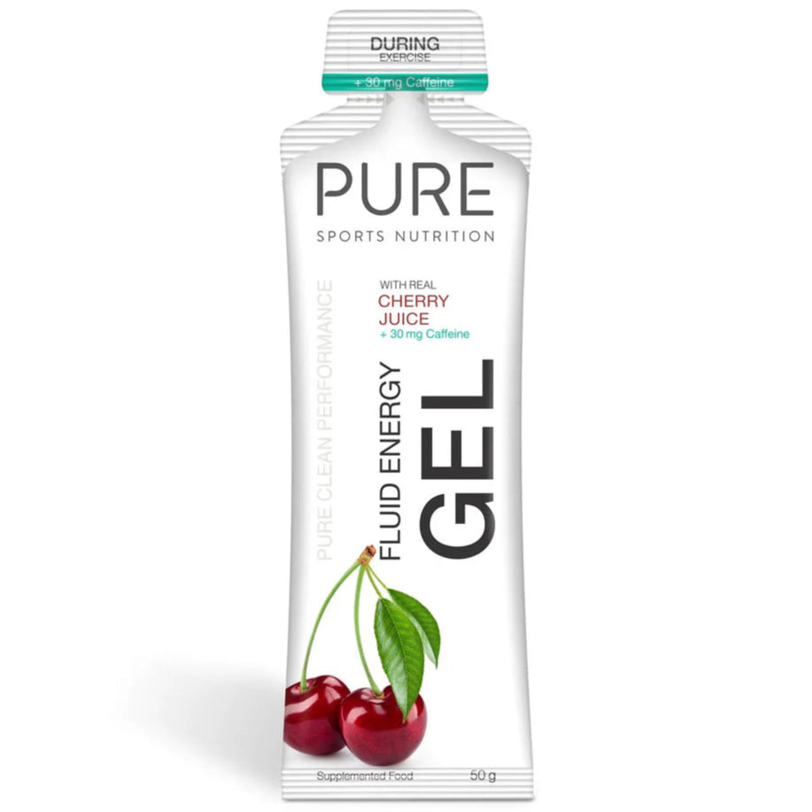 PURE Sports Nutrition fluid energy gel package with cherries on a white background