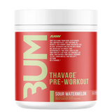 BUM Thavage Pre-Workout supplement container on a white background