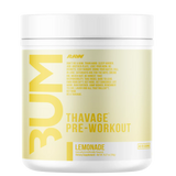 Pre-workout supplement container labeled 'Bum Thavage' on a white background