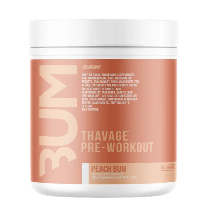 Pre-workout supplement container with 'Bum' branding on a white background
