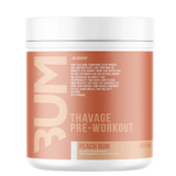 Pre-workout supplement container with 'Bum' branding on a white background