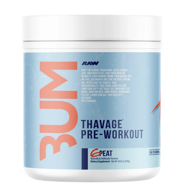 Pre-workout supplement container with 'BUM' branding on a white background