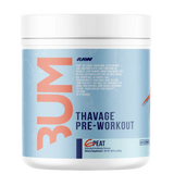 Pre-workout supplement container with 'BUM' branding on a white background