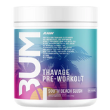 Pre-workout supplement container with 'BUM' branding on a white background