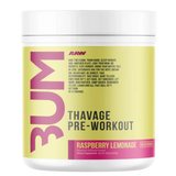 Pre-workout supplement container with 'Bum Thavage' branding on a white background