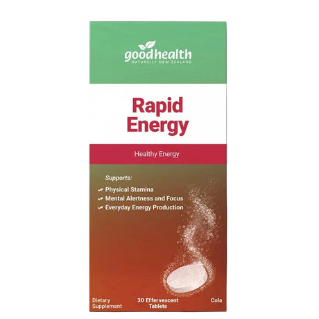 A box of Good Health Rapid Energy Healthy Energy dietary supplement tablets, featuring a green, white, and reddish-brown color scheme with a graphic of white powder.