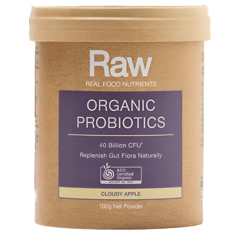 Container of Raw Organic Probiotics on a white background