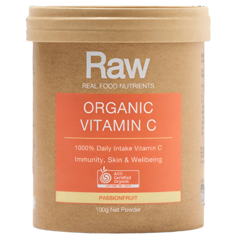 Container of Raw Organic Vitamin C on a white background