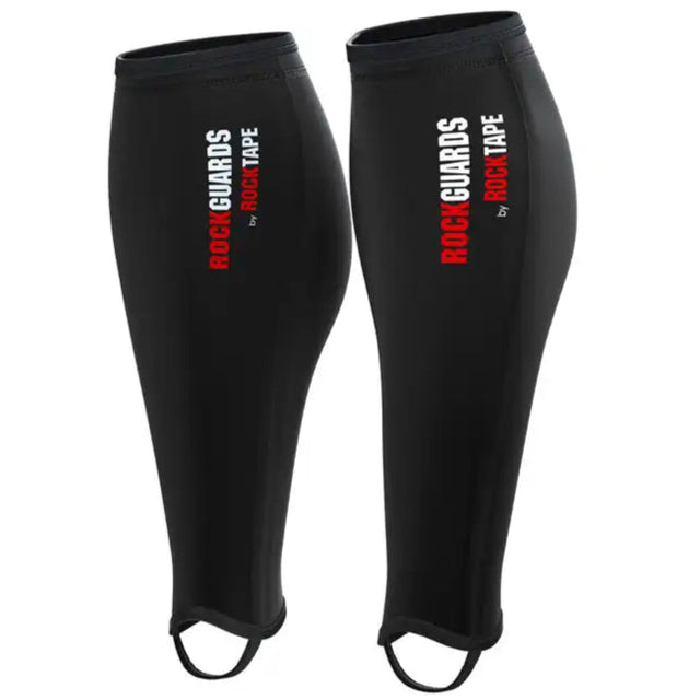 Black leg guards with 'Rock Guards by Rock Tape' branding on a white background