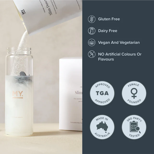 Bottle of slim down protein powder product with packaging and certification icons on a neutral background