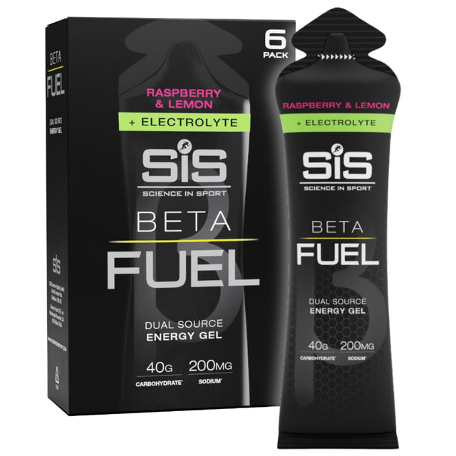 Science in Sport Beta Fuel energy gel packaging with a single gel and box on a white background