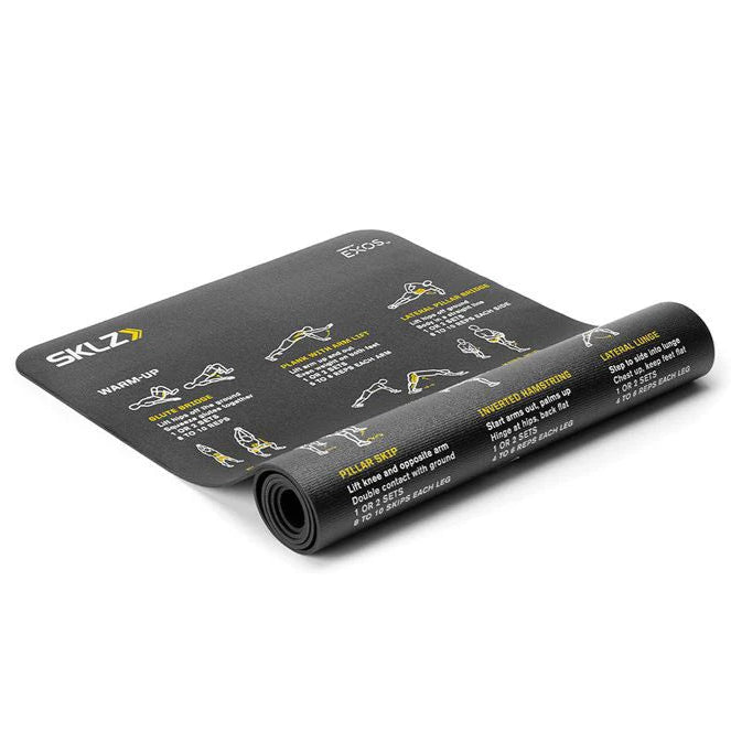 Roll-up exercise mat with exercise illustrations on a white background