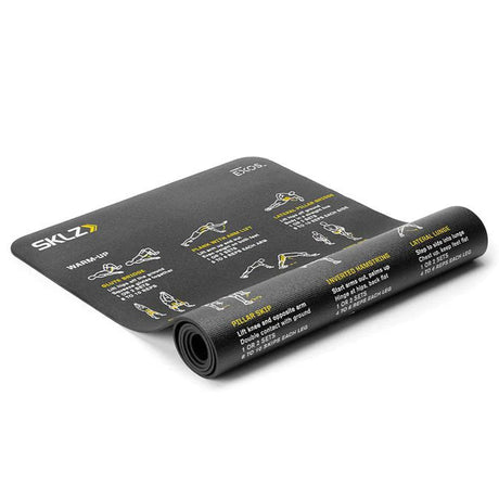 Roll-up exercise mat with exercise illustrations on a white background