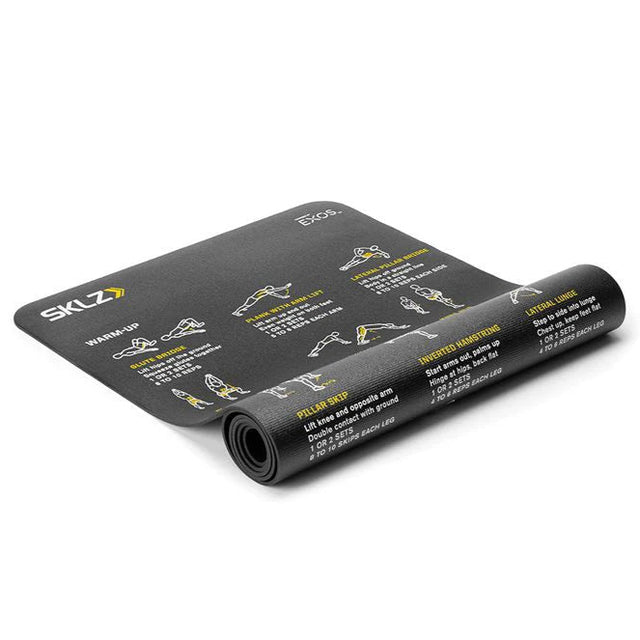 Roll-up exercise mat with exercise illustrations on a white background