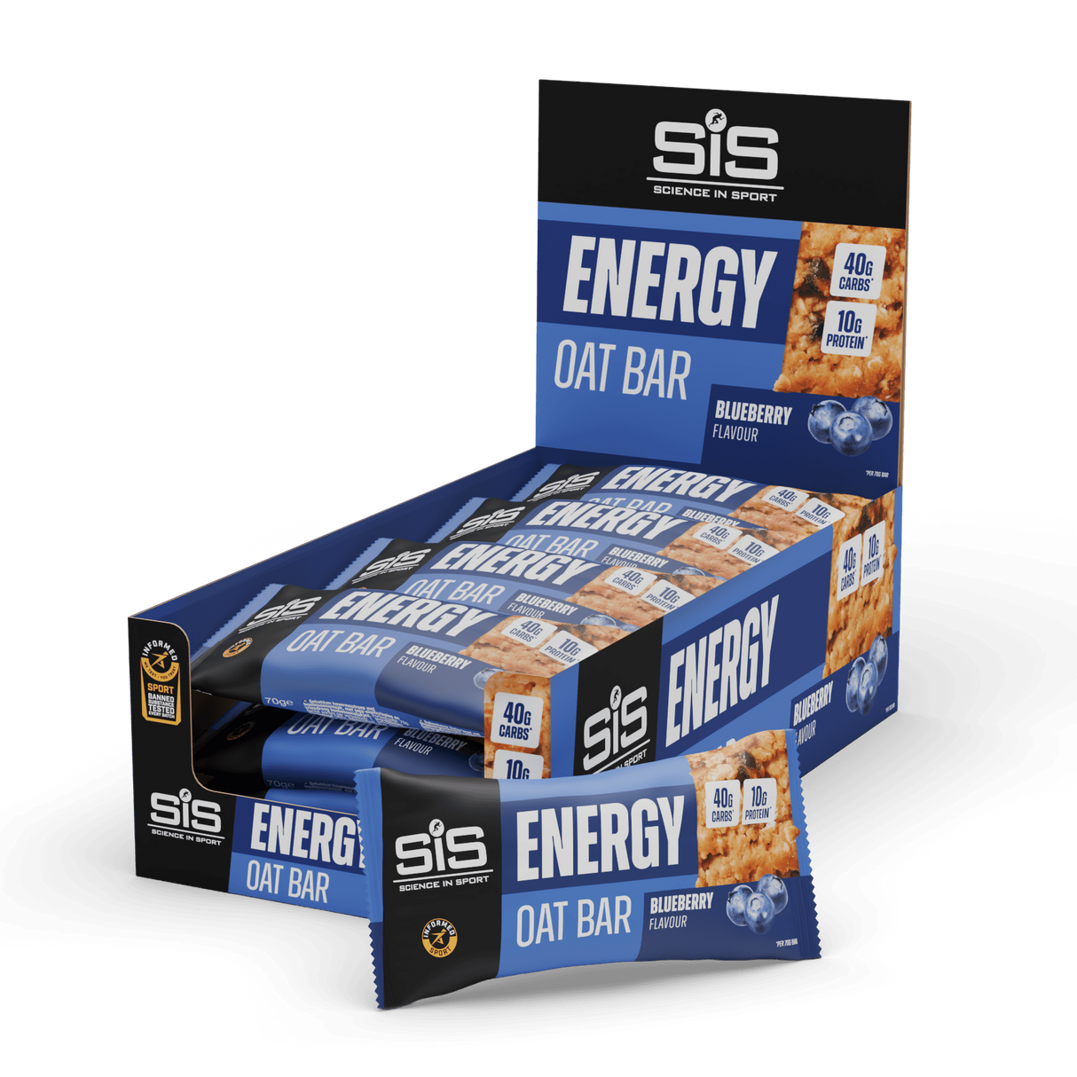 Display of SIS Energy Oat Bar packaging on a clear background