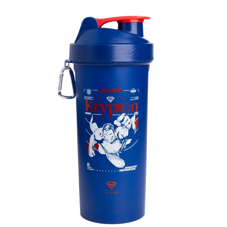 Blue shaker bottle with Superman design on a white background