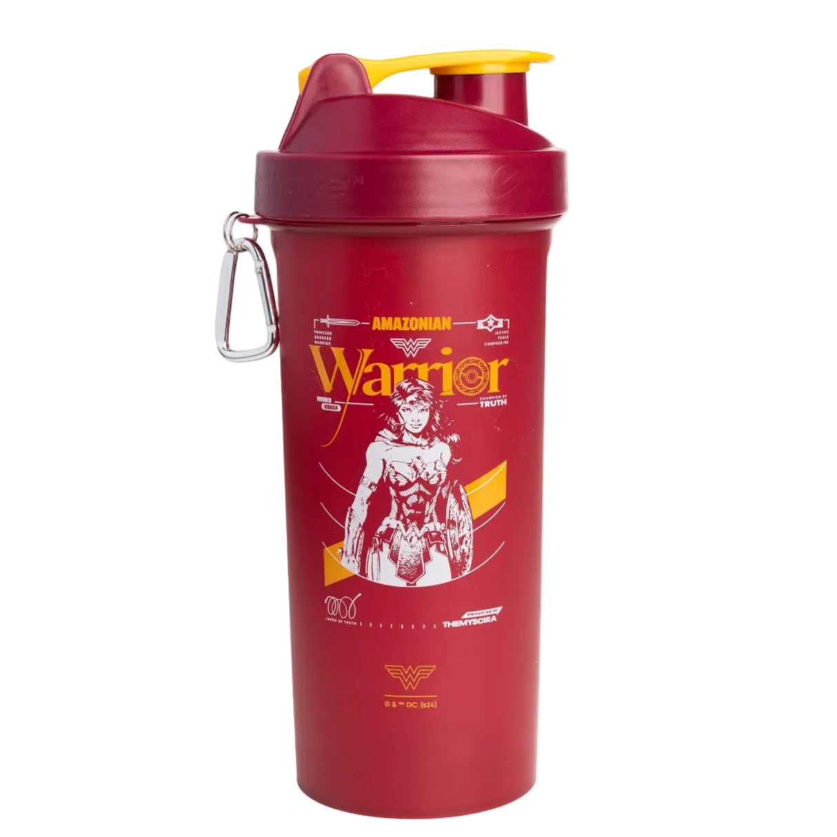 Red and yellow Warrior supplement shaker bottle on a white background